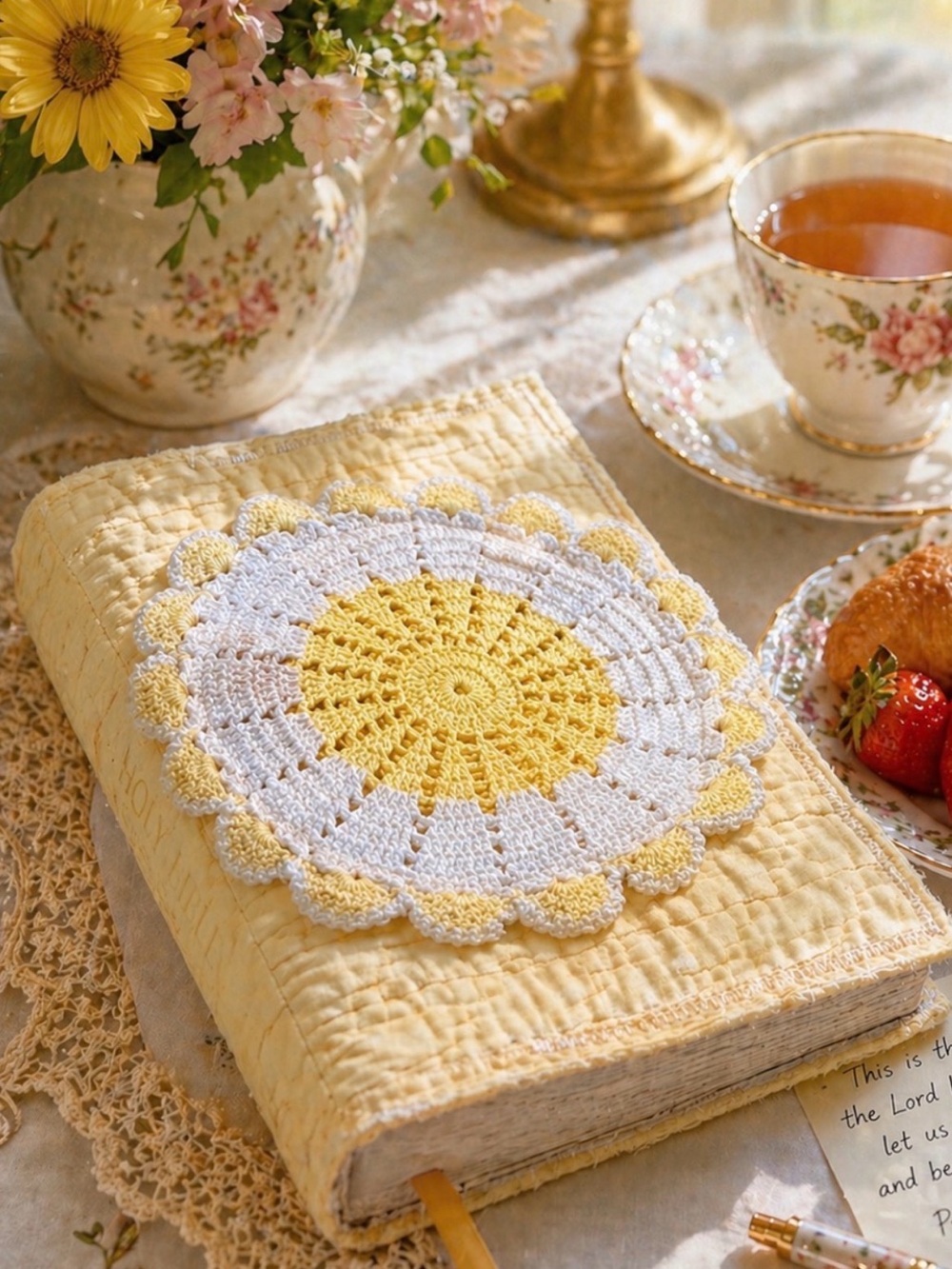 Upcycled Quilt Bible cover Quilted Book Cover with crochet doily Vintage Quilt